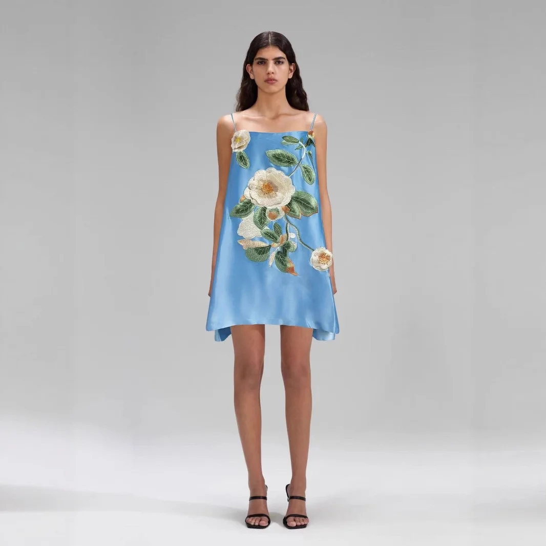 Woman's Dress Sexy Strap Dress Sleeveless Backless 3D Embroidery Fashionable Elegant Design Short Dress Elegant Evening Dress