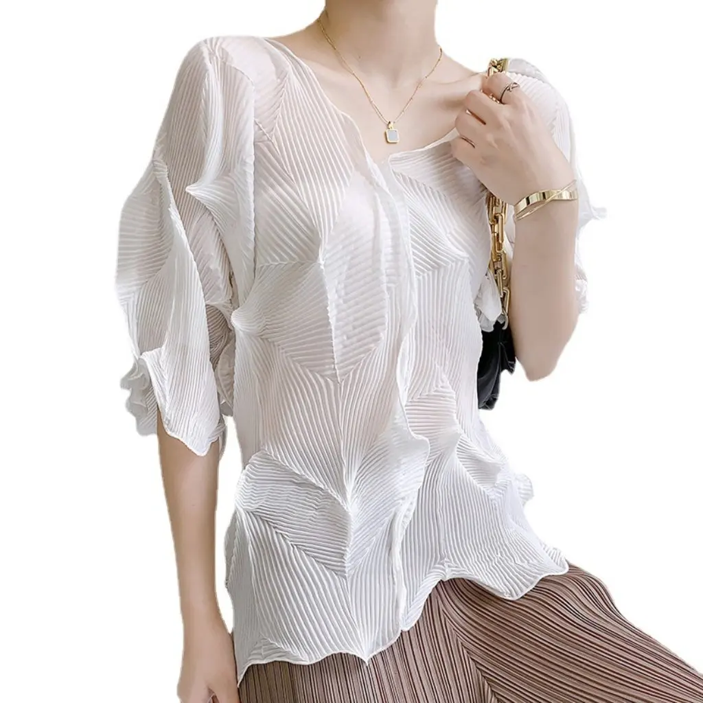 

Miyake Women's Classic Fishbone Pattern Pleated Top Summer Casual Lace Fashion Bottoming Lining T-shirt