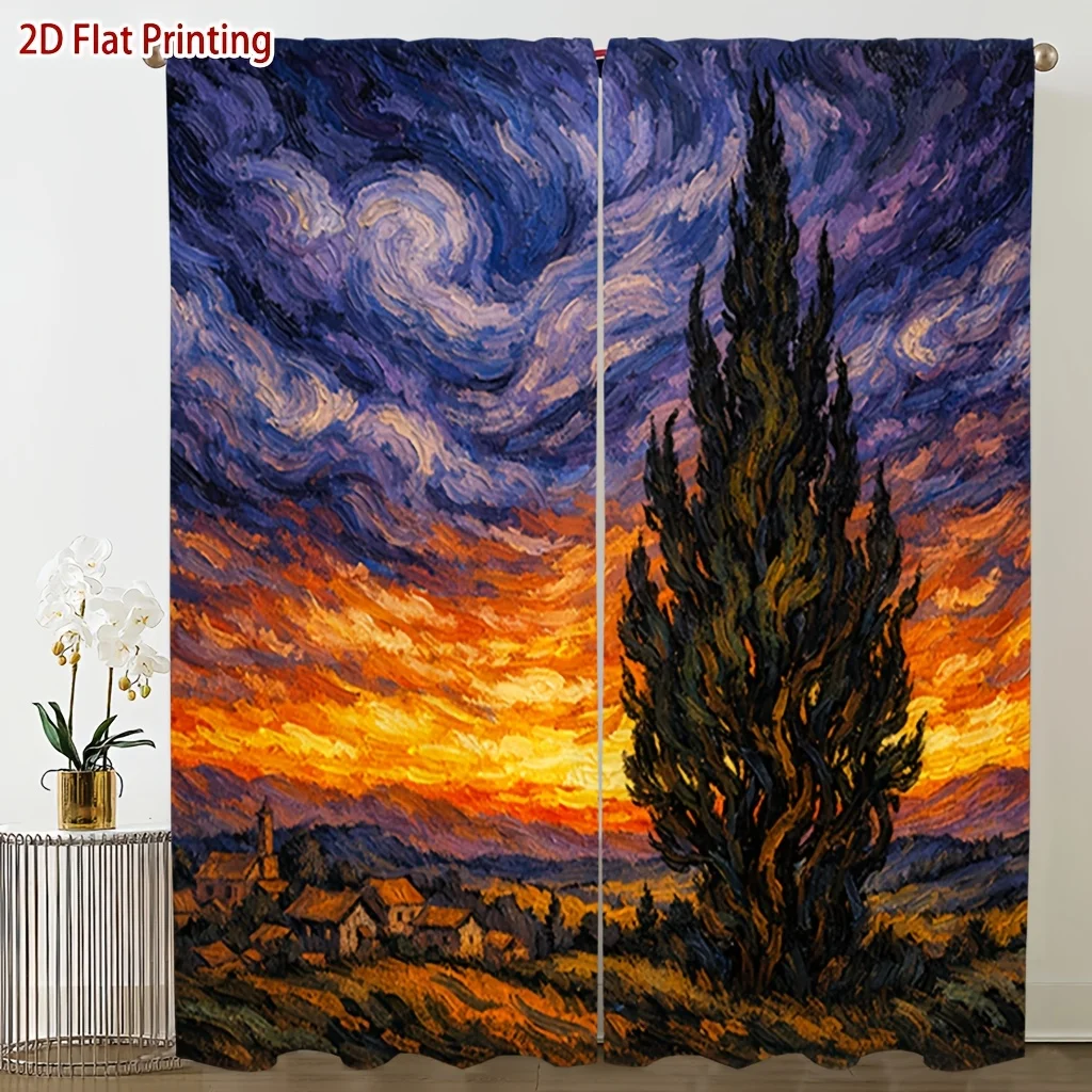 Van Gogh Style Sunset Cypress Rod Pocket Light Filtering Curtains 2 Panel Countryside Landscape Drapes for Living Room Decor