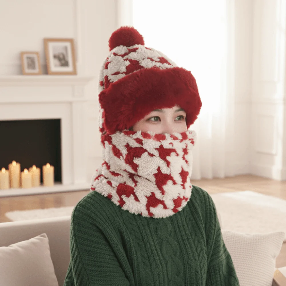 Máscara de esquí de felpa gruesa, bufanda, sombrero con patrón de pata de gallo, transpirable, 4 en 1, sombrero a prueba de viento, protección para los oídos, cubierta para el cuello, gorro para la cara