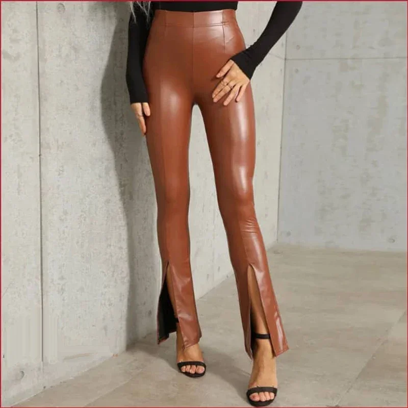 High Waist Faux Leather Pants Hem Split Women Vintage Slim Brown PU Trousers Ladies Casual Bodycon Elastic Pencil Pants Custom