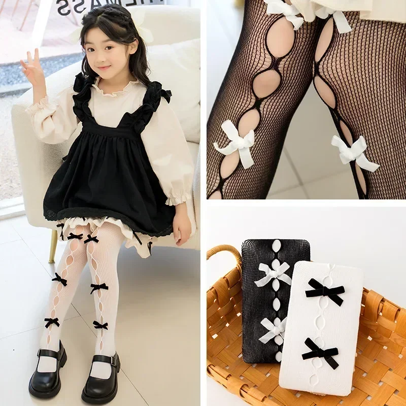 Kids Girls Lolita Bows Tights Retro Korean Style Lace Pantyhose for Children Girl Summer Breathable Thin Mesh Stockings Socks