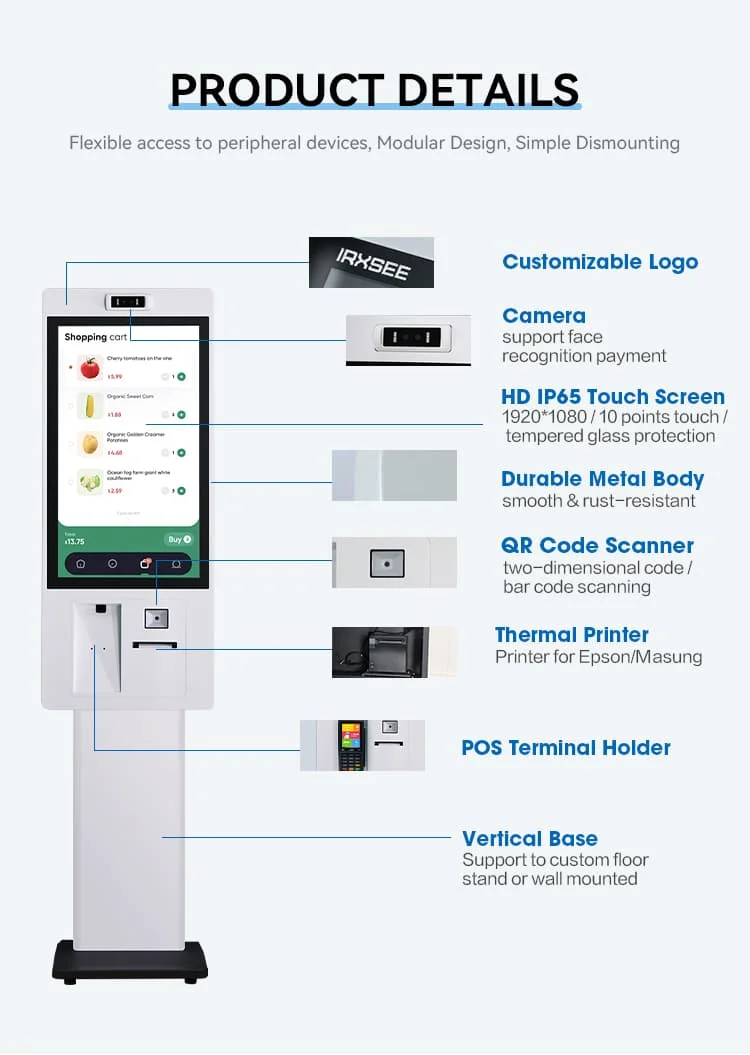 Quiosco touch di alta qualità interamente in metallo da pavimento 20 21 Schermo ad alta luminosità per interni/esterni da 22 pollici Stampante/scanner/scheda OEM
