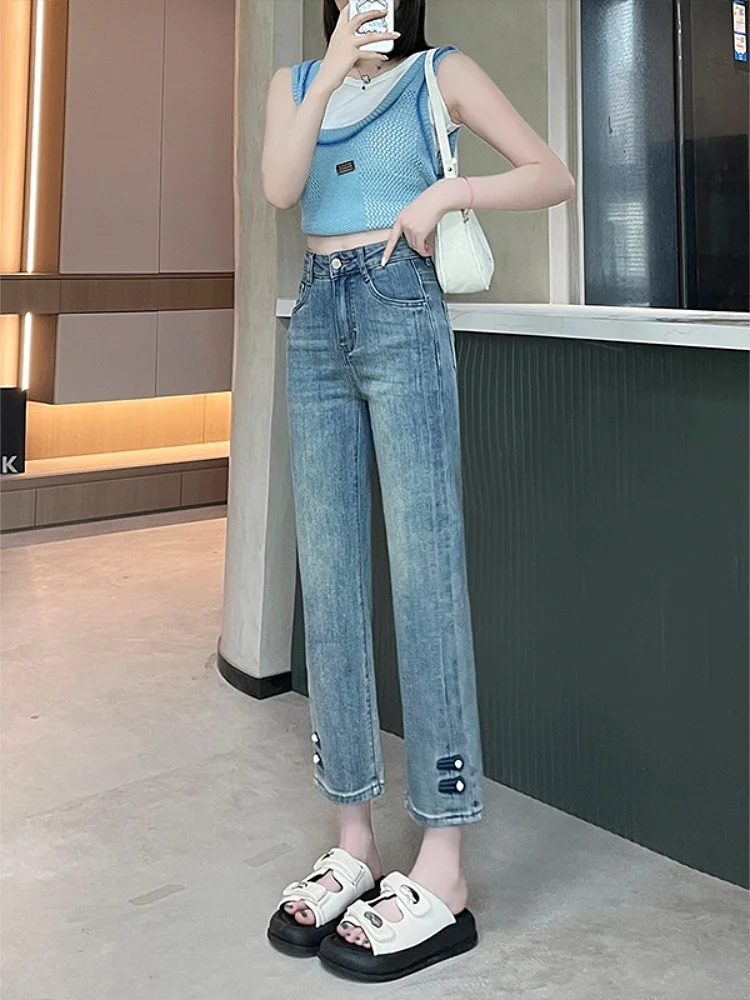High Waist Nine-Tenths Jeans Women's Summer Thin New Sle Small Size Slimming Chinese Sle Button Straight Leg Trendy
