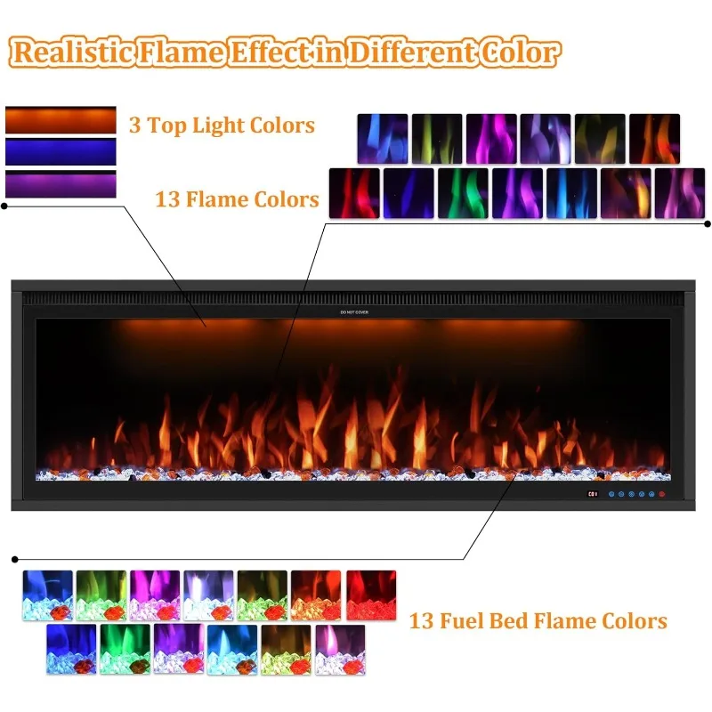 Benrocks 60''WiFi-Enabled Electric Fireplace Inserts Alexa App Control,Slim Recessed Wall Mounted,13*13*3Flame Color Combination