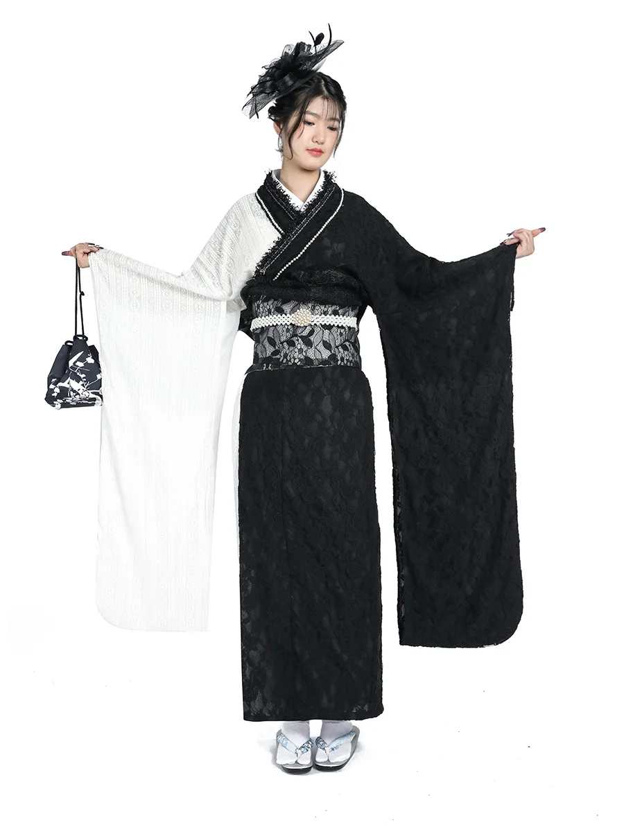 

Japanese kimono women lace long sleeve black and white color graduation season kimono dress and formal wear