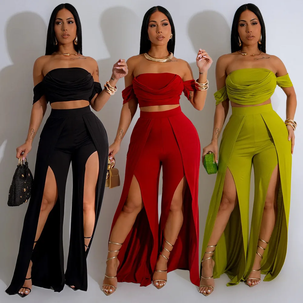 

Women's Set Short Sleeve Slash Neck Ruched Tops and Wide Leg split Pants 2025 Street Two 2 Piece Sets Outfit Tracksuits