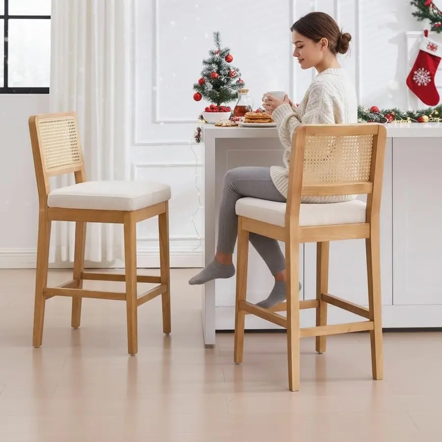 

Современные табуреты из синели, набор из 2 шт., низкие барные стулья высотой 26 сидений с натуральными деревянными ножками, высота спинки из ротанговой трости