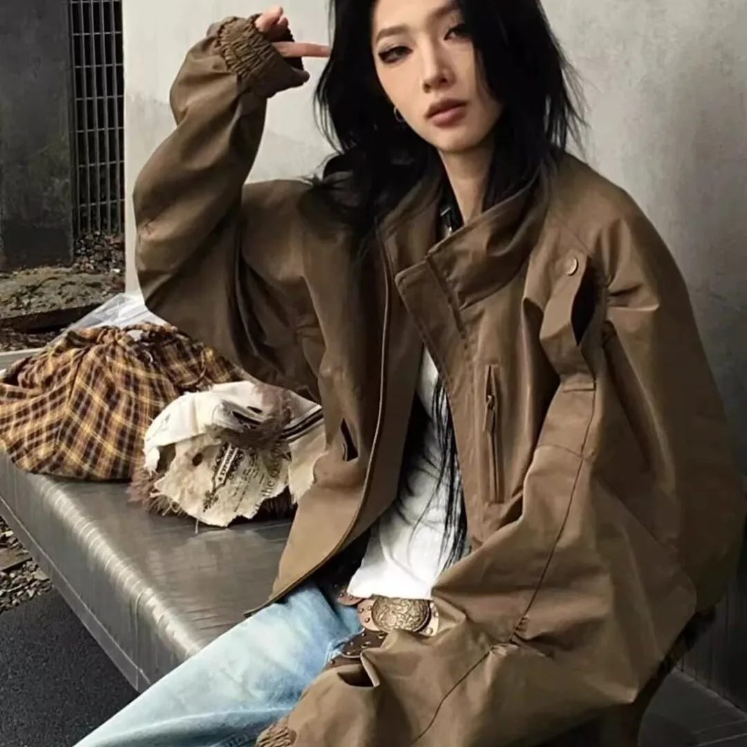 Women Solid Cargo Coats Short Jackets Stand Collar Long Sleeves Zipper Pockets Loose Fit Casual Office Lady 2026 Spring Autumn