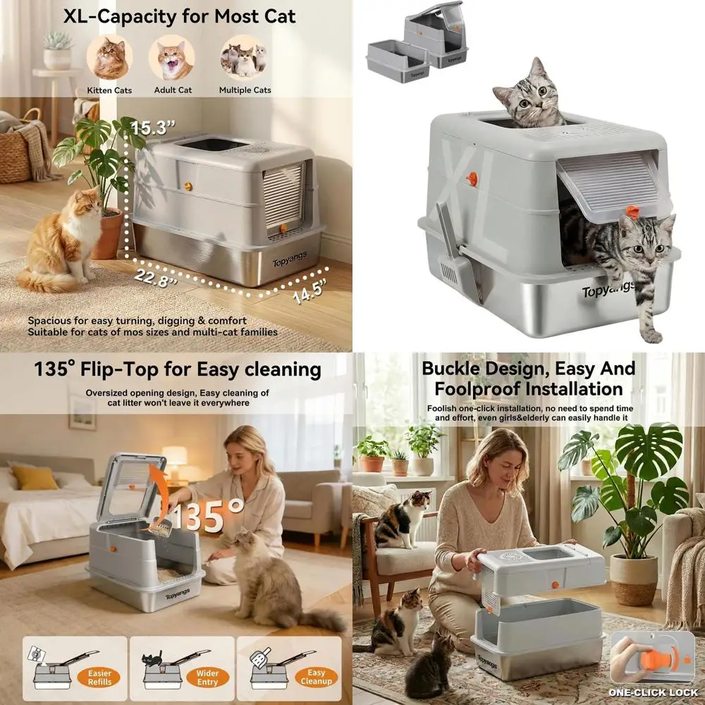 

Large Enclosed Metal Cat Litter Box with Lid, 135° Top, Odor Control, High-Sided for Large Cats and Multi-Cat Households, Gray