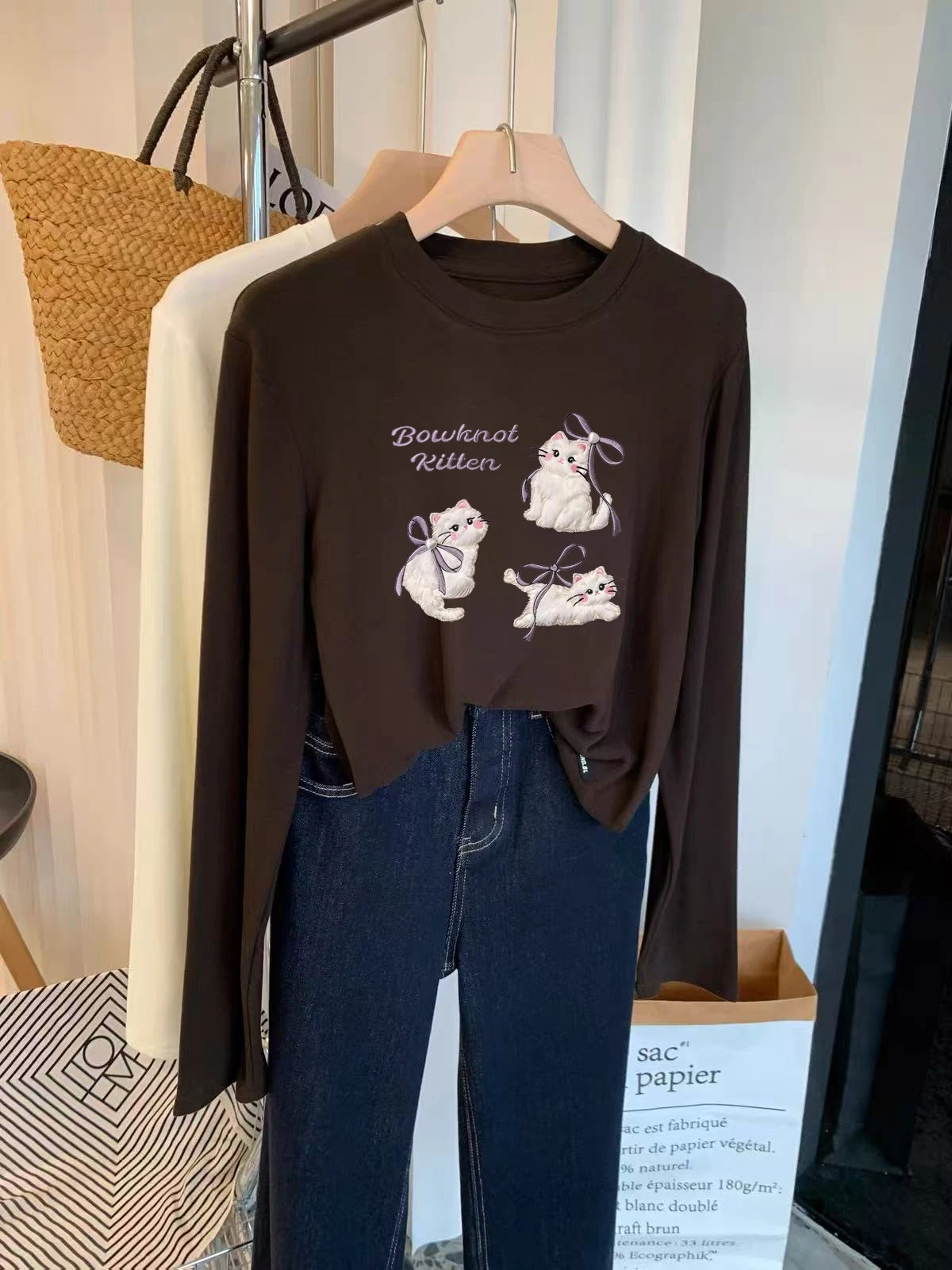 Fleece Lined Short Printed T-Shirt Women's Korean Style Warm Base Layer Shirt Commute Style Animal Pattern Long Sleeve round ...