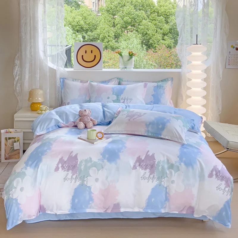 Colorful Bedding Set Girls Boys Kids Single Double Size Flat Sheet Duvet Cover Pillowcase Bed Linens White Blue Home Textile