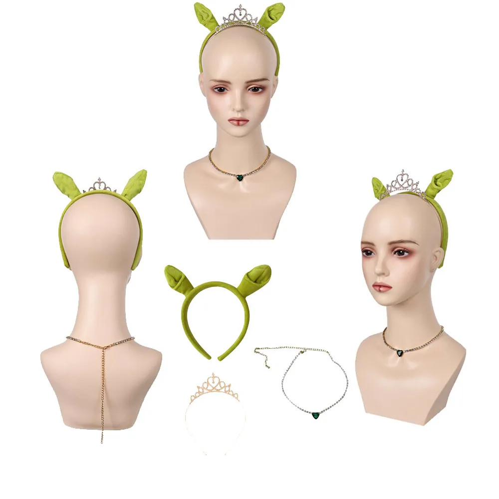 Adult Women Girls Princess Fiona Cosplay Dress Necklace Crown Fantasy Headband Props Halloween Costume Accessories