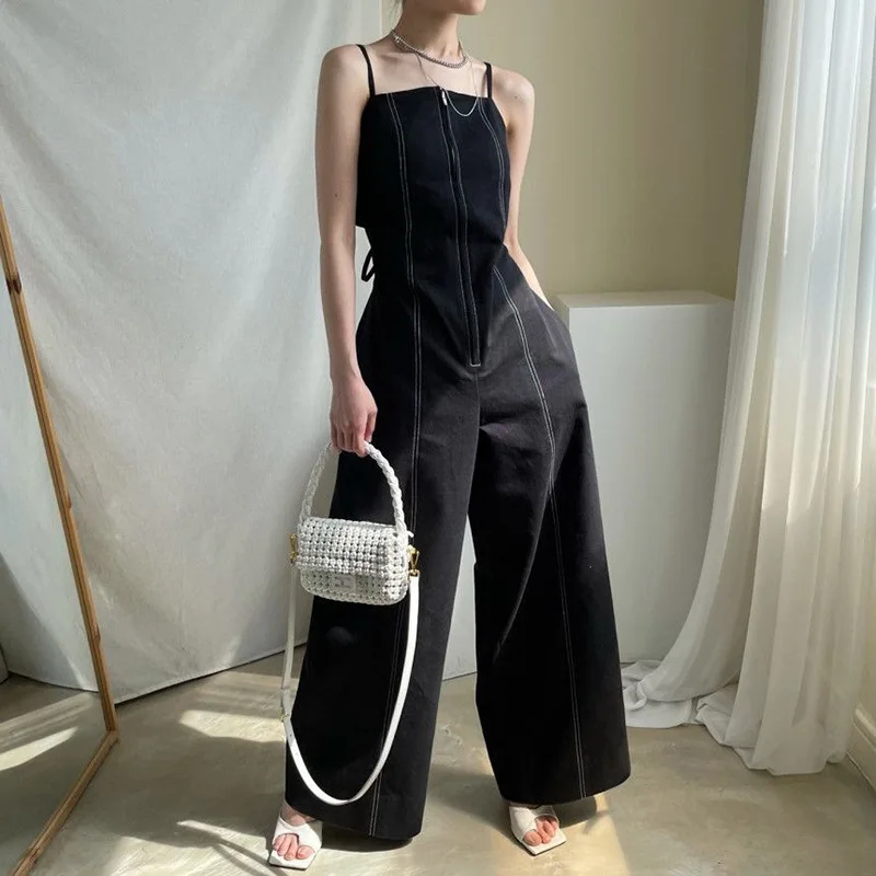 Vintage Zipper Wide Leg Double Pocket High Waist Straight Jumpsuit Women White Black Y2k Rompers Strap Denim Pants