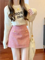 Winter Sweet Knitted New Two Piece Set Women Warm Pullover Sweater +plaid Mini Skirt Female Korean Fashion Kawaii Y2k Suit 2024