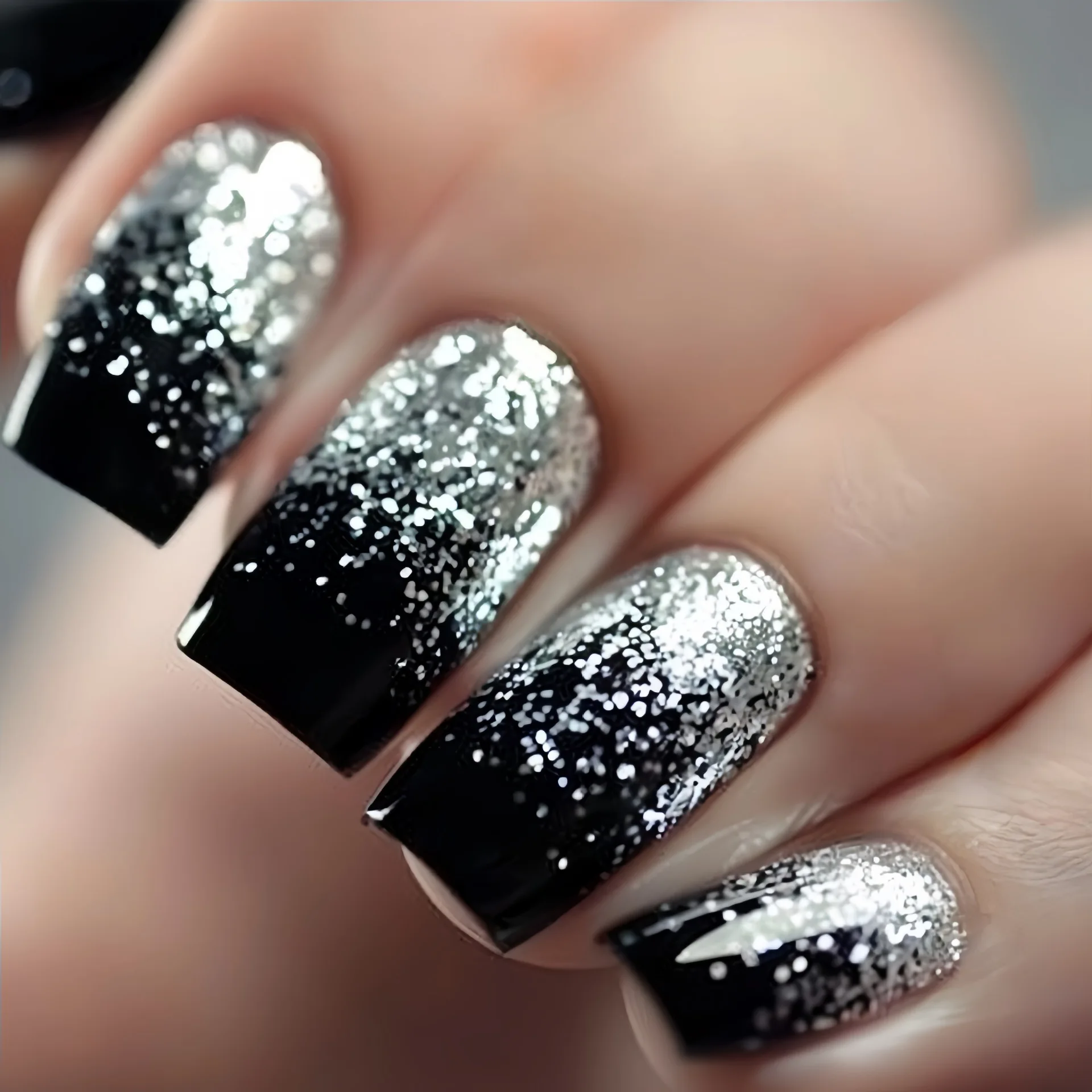 Short Medium fake nails Gradient brown red black silver Sparkling glitter design french Square nail tips press on false nail set