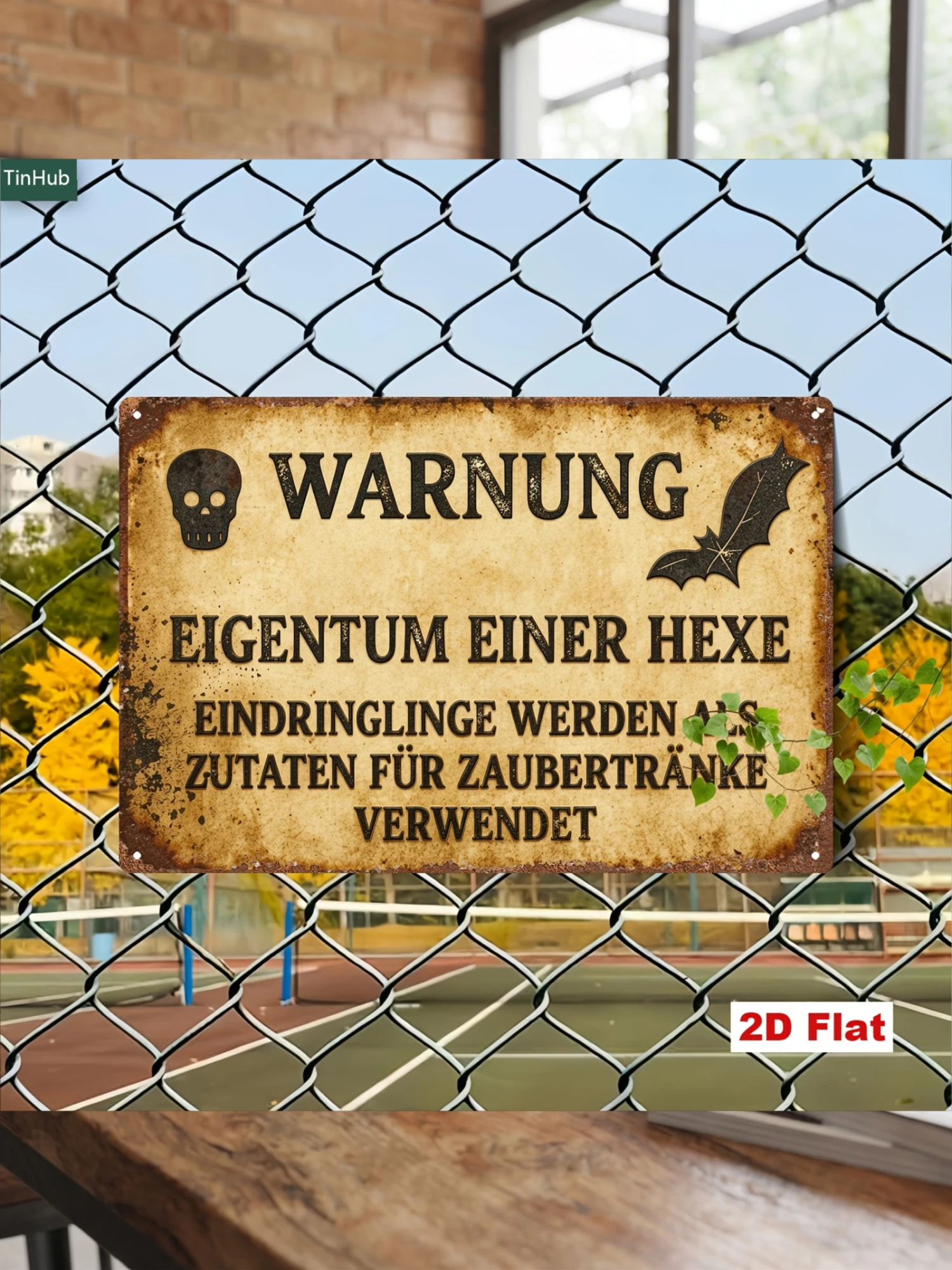 2D Flat 1pc Retro German Halloween Metal Sign, 7.87X11.81inch Iron Sign, with Skull And Bat Pattern And Wizard Warning Quotes, Retro Industrial Style Wall Decoration, Suitable for Home Bar Cafe Party Decoration Fun Tin Painting