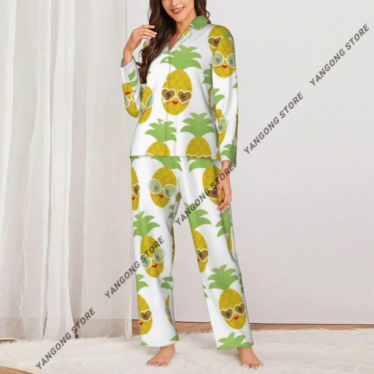 Women's Pajamas Long-sleeved Girl Loungewear Two-piece Set Cute Pineapple With Sunglasses Pajamas for Autumn Spring