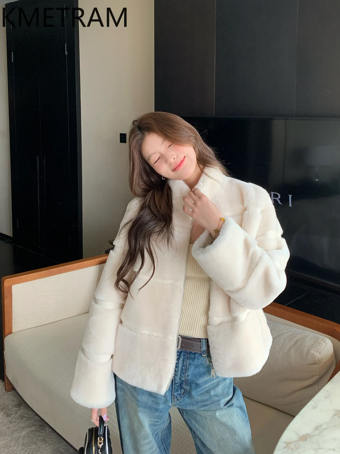 

KMETRAM Real Merino Sheepskin with Wool Attached Jacket Women Stand Collar Fur Coat Winter Short Coats 58cm Woman Clothing 2026