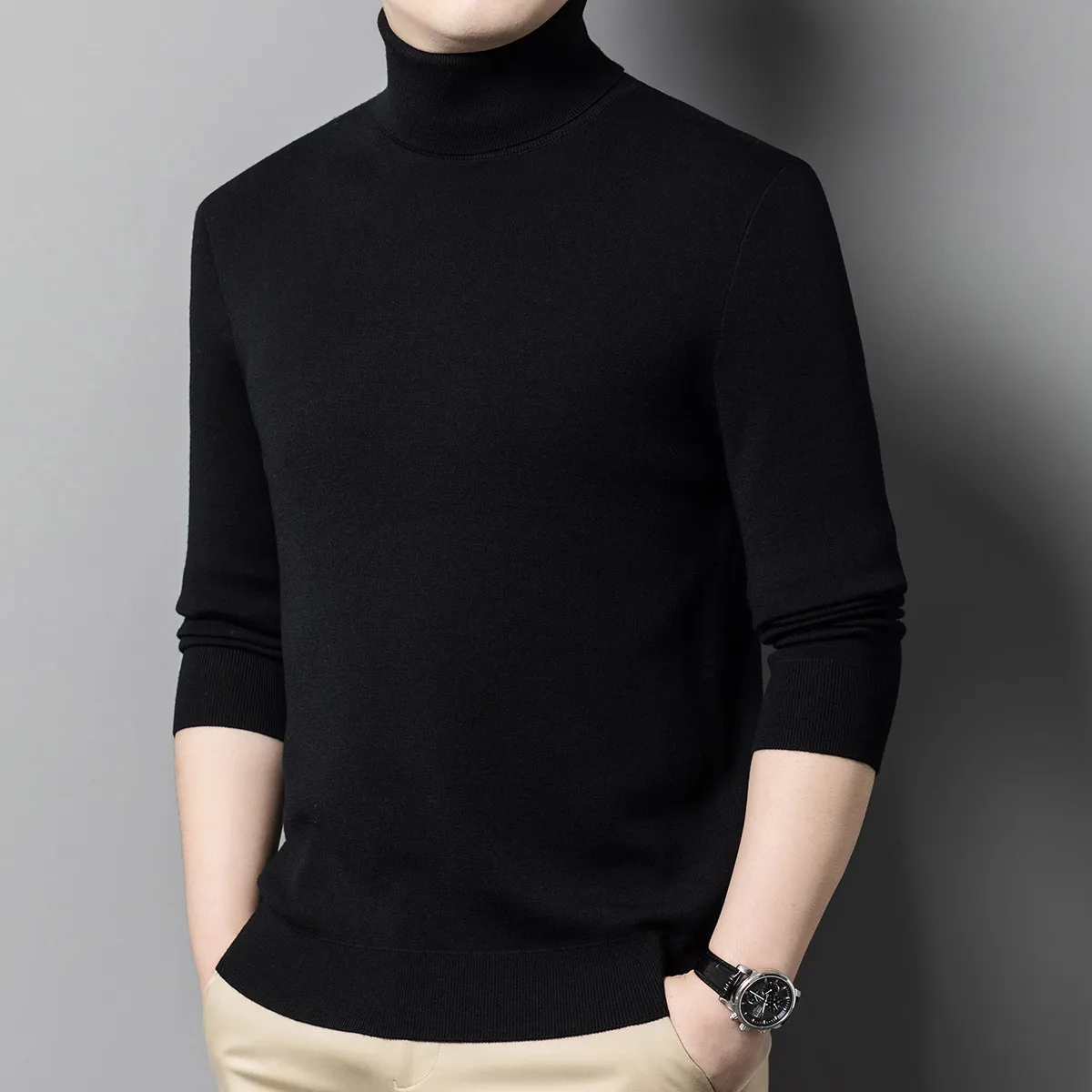 

Waable High Collar Men's Knitted Sweater Basic Sle Winter Pure Color Versatile Breathable Casual Long Sve Top