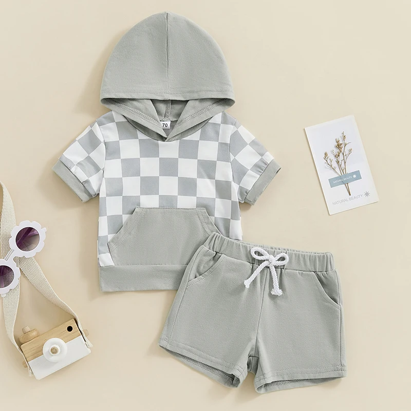 2024-03-28 Lioraitiin Summer Toddler Boys Girls Shorts Sets Short Sleeve Checkerboard Hooded Tops and Drawstring Shorts Sets