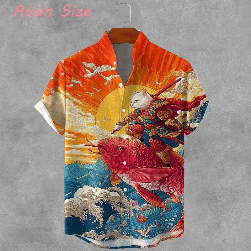 

Unisex Vintage Japanese Men's Anime Samurai Cat Print Casual Daily Wear 3D Printing Short Sleeve Blouses Hawaiian Shirts For Men