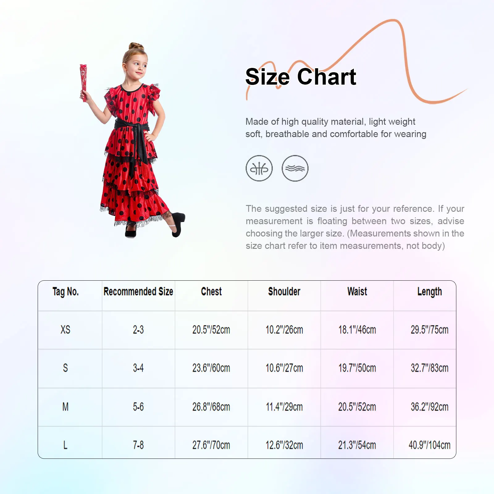 

Girls Flamenco Performance Dress Round Neck Flying Sleeves Black Polka Dot Layered Ruffled Skirt with Fan And Detachable Belt