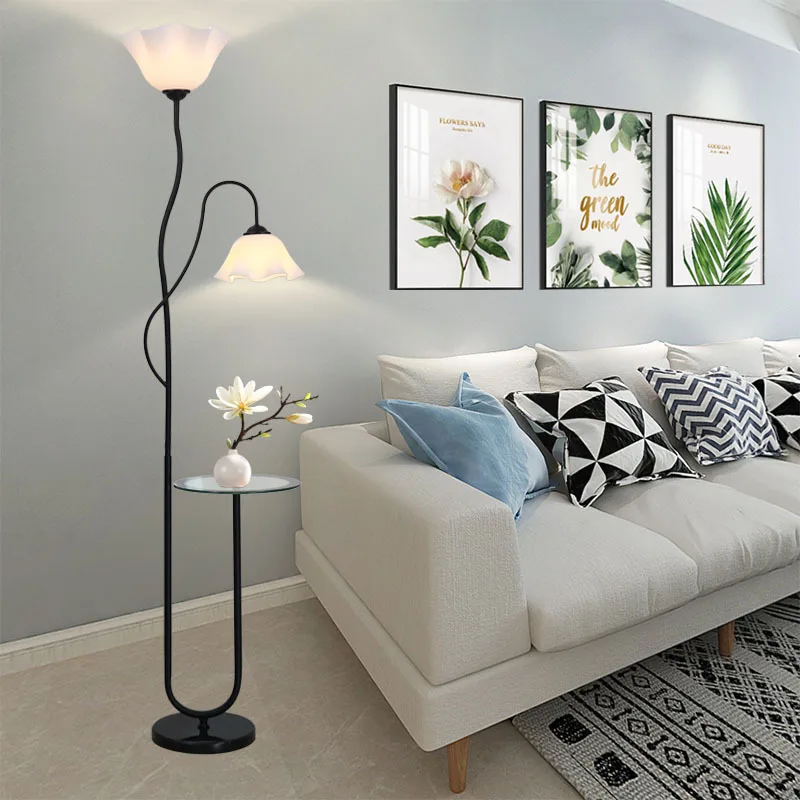 

Floor Lamp with Side Table, 2-Light Tall Standing Lamp with Flower Shade, Marble Base, for Living Room Bedroom