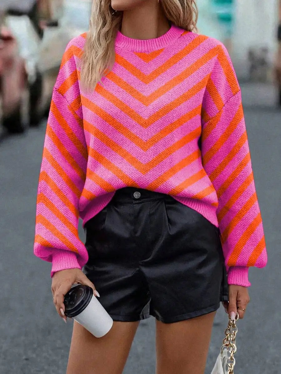 

Womens Striped Round Neck Drop Shoulder Long Sleeve Loose Casual Sweater Autumn Winter