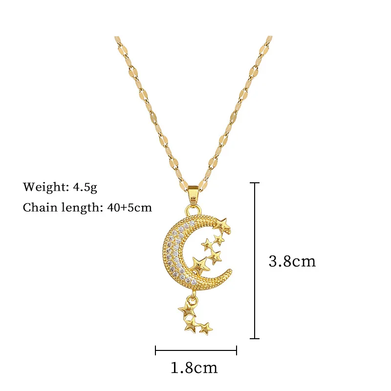 XIYANIKE 316L Stainless Steel Zircon Moon Star Tassels Pendant Necklace For Women Niche Temperament Clavicle Chain Party Gifts