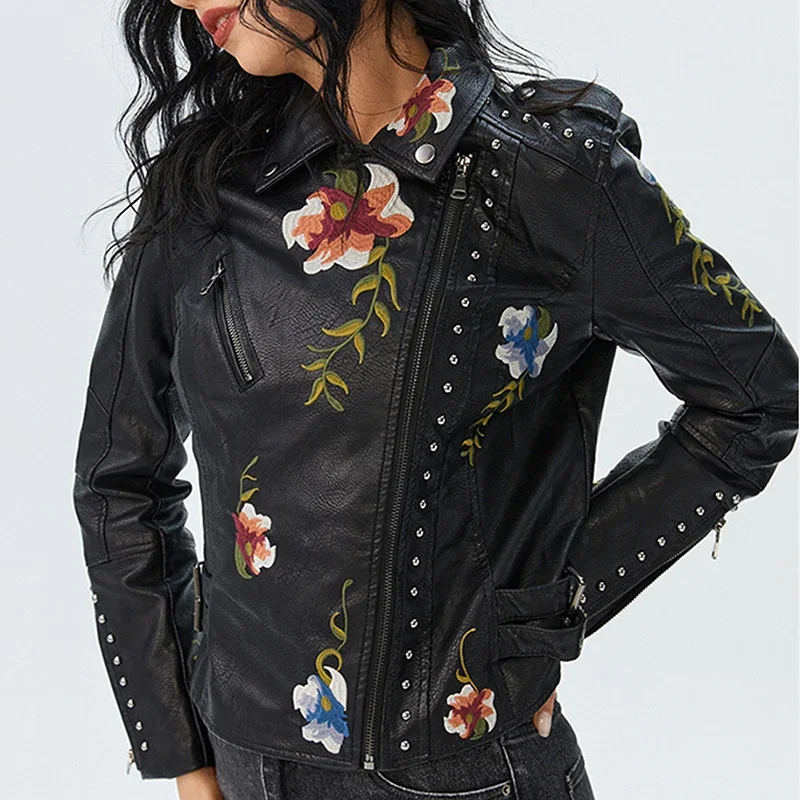 花柄刺繍フェイクソフトPUレザージャケット レディース 春秋冬 バイク用PUコート ブラック ホワイト パンク バイカー リベットポケット