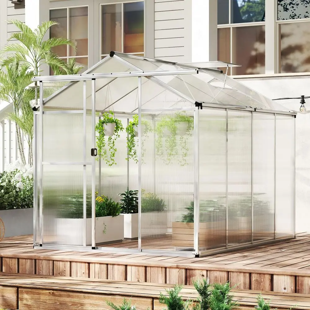 

Greenhouse, 6 x 8 x 6.5FT Outdoor Polycarbonate Greenhouse w Sliding Door, Adjustable Roof Vent, Rain Gutter, HeavyDuty Aluminu