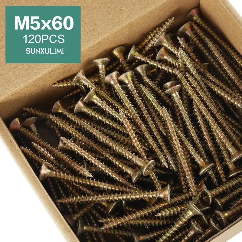 

80-180pcs Self-Tapping Screw Set, M5x30-80mm Flat Head Phillips Drive, Galvanized Carbon Steel Wood Screws, Class 8, Part Thread