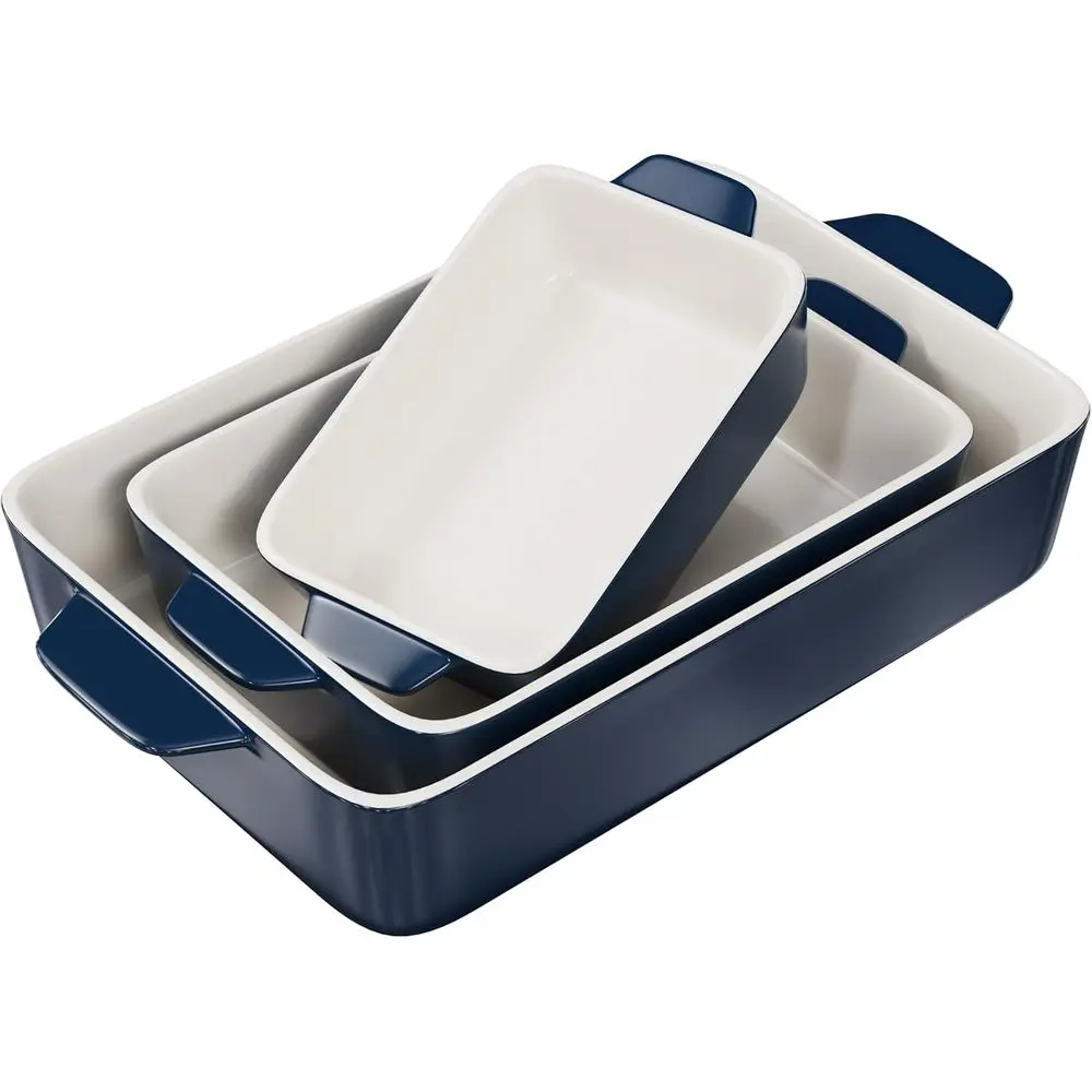 

Set of 3 Ceramic Baking Dishes - Deep Lasagna Pans, 8.5x14, 11x7, 8x5, Oven Safe, Navy