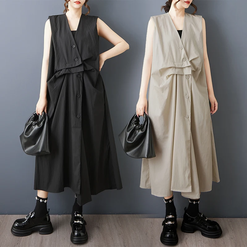 Summer Korean Sle Loose Large Size Patchwork Casual Commute Sweet Svel Dr Pure Color High Waist Cotton Blend