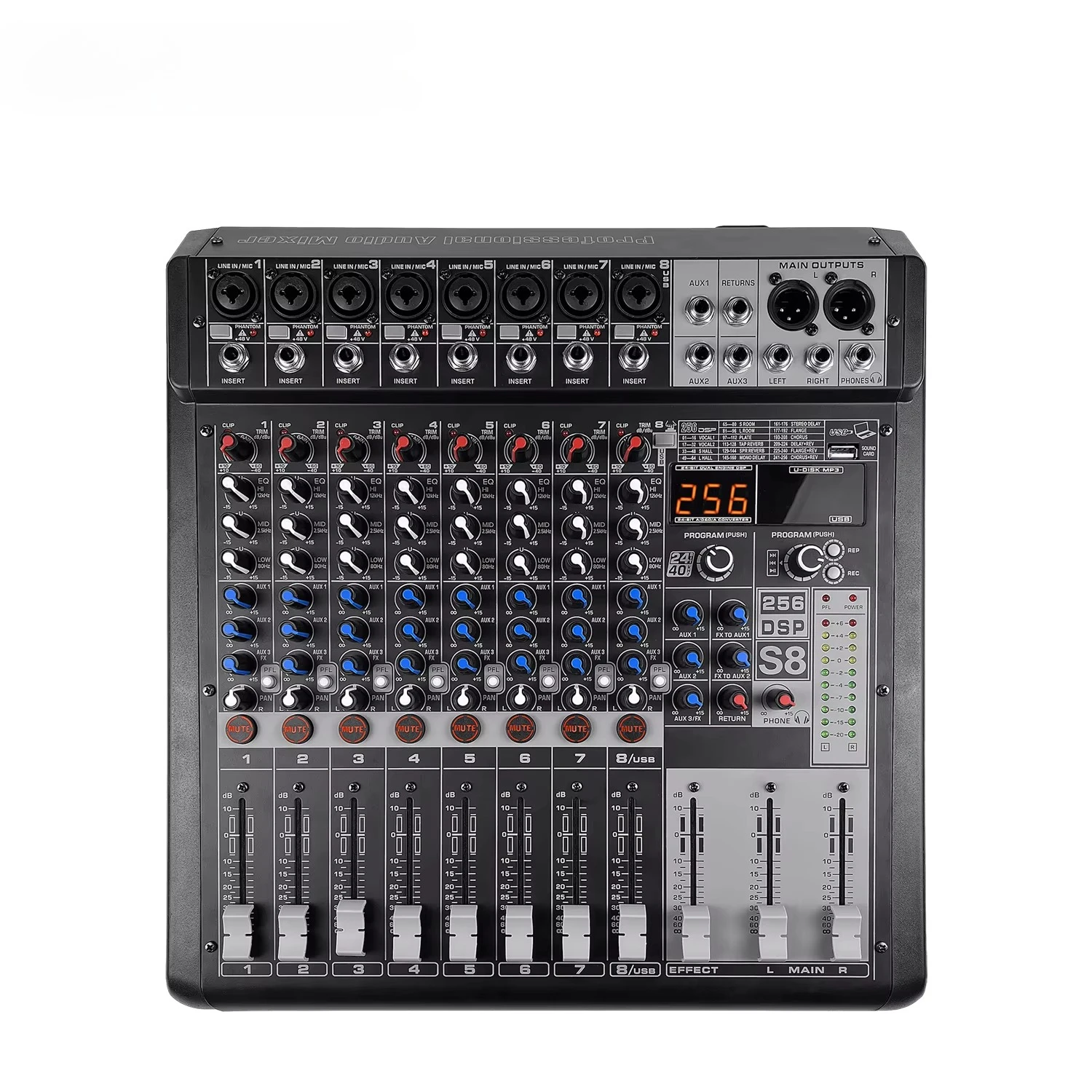GAX-S8 Pro 8 Channel DJ Controller with 256 DSP Reverb Effect BT 5.0 Mixing Console for Karaoke Professional Stage Performance