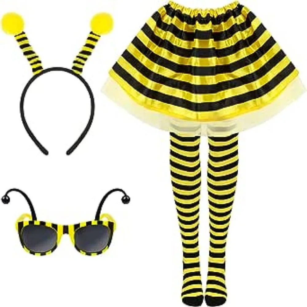 

4 Pieces Bee Costume Accessories Set-Bee Tutu Costume KidsBeeSunglassesBlackYellow Striped High Stockings for Halloween Costume