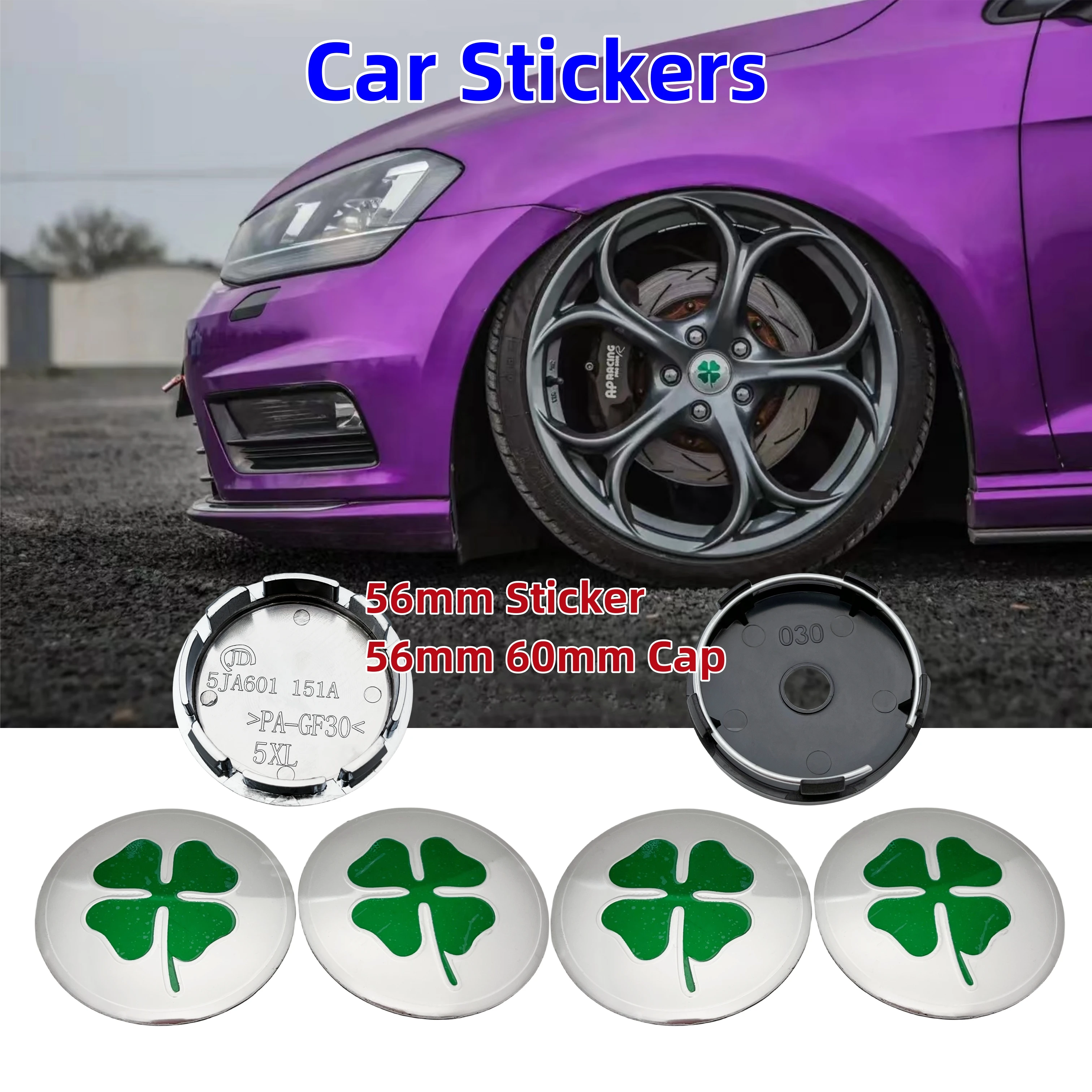 4pcs 56mm Four Leaf Clover Emblem Logo Car Stickers Car Wheel Center Hub Cover Cap Badge Accessories For Alfa Romeo Golf Polo