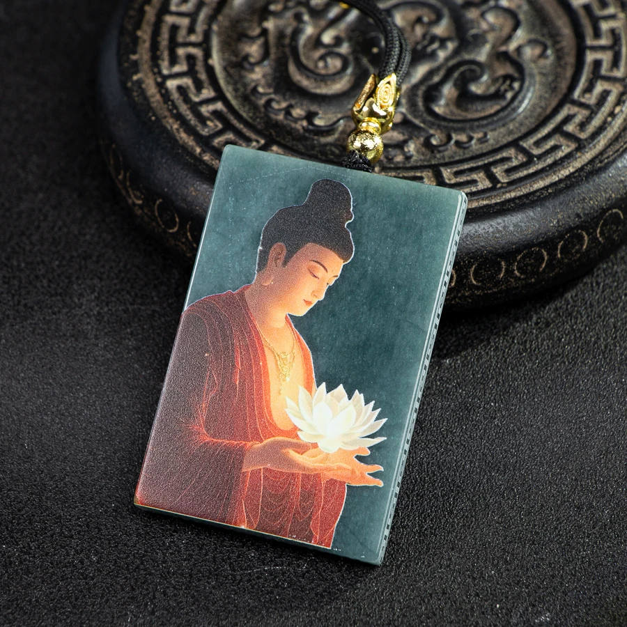 

TIMESWIND Natural A-type Jade Painted Buddha Double-sided Square Pendant Men Necklace with Certificate