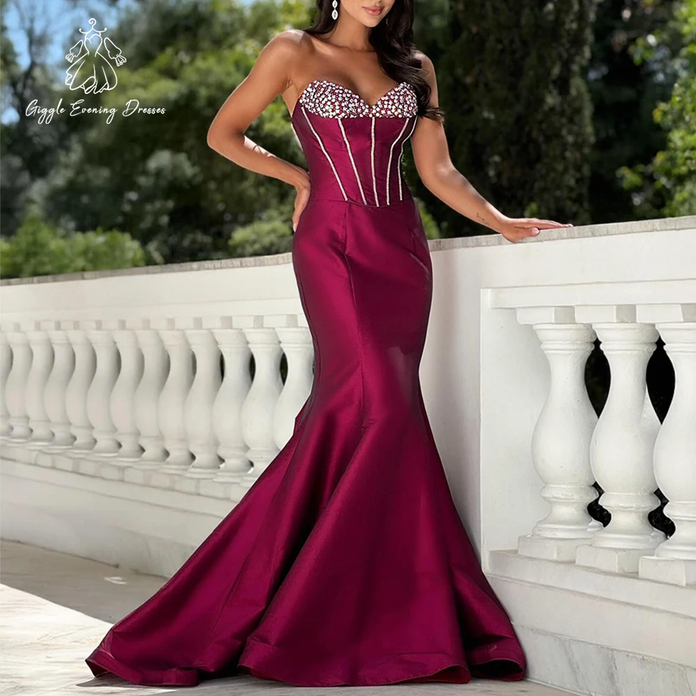 Fioletowa suknia balowa syrenka bez ramiączek satynowa błyszcząca z dżetami sukienki wieczorowe damskie formalne na przyjęcie Vestido de Noche szyta na miarę