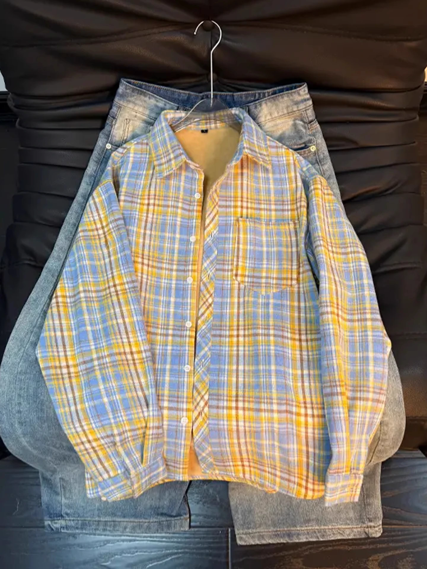 

American Sle Vintage Plaid Long Sve Men's irt Fce Lined Autumn Winter Wear Inner Coat Layering Outerwear