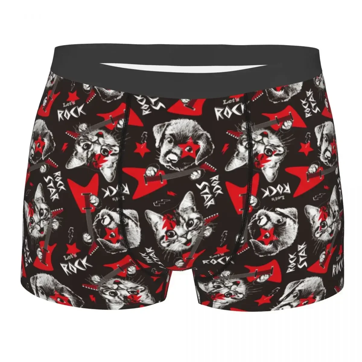 Men's Boxer Shorts Panties Cat Dog Play Rock On Guitar Breathable Underwear Male Novelty Underpants