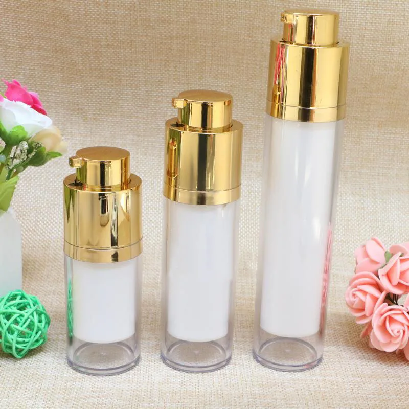 Bottiglia airless in plastica girevole da 15 ml argento/oro per lozione/emulsione/suero/fondotinta/essenza sbiancante imballaggio liquido per la cura della pelle