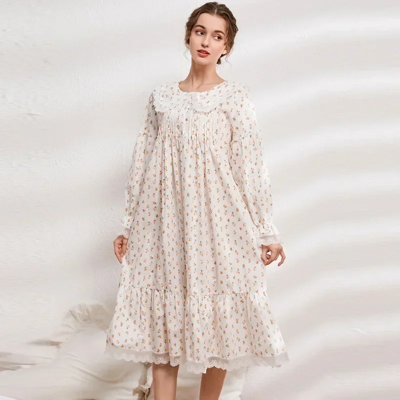 White Long Sleeve Robe Peignoir Nightwear Victorian Vintage Nightgowns Princess Sleepwear Women Pure Cotton Floral Night Dress