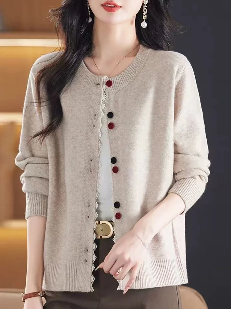 

Элегантный вязаный кардиган свободного кроя с круглым вырезом для женщин, верхняя одежда, куртка больших размеров, повседневный стиль, с длинными рукавами