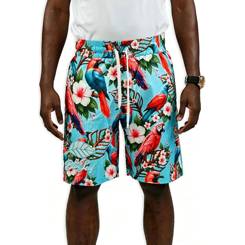 Tropical Arrangement AOP Short – Blac Leaf,Summer Casual Beach Shorts with 3D Digital Print Pattern, Comfortable Sports Shorts