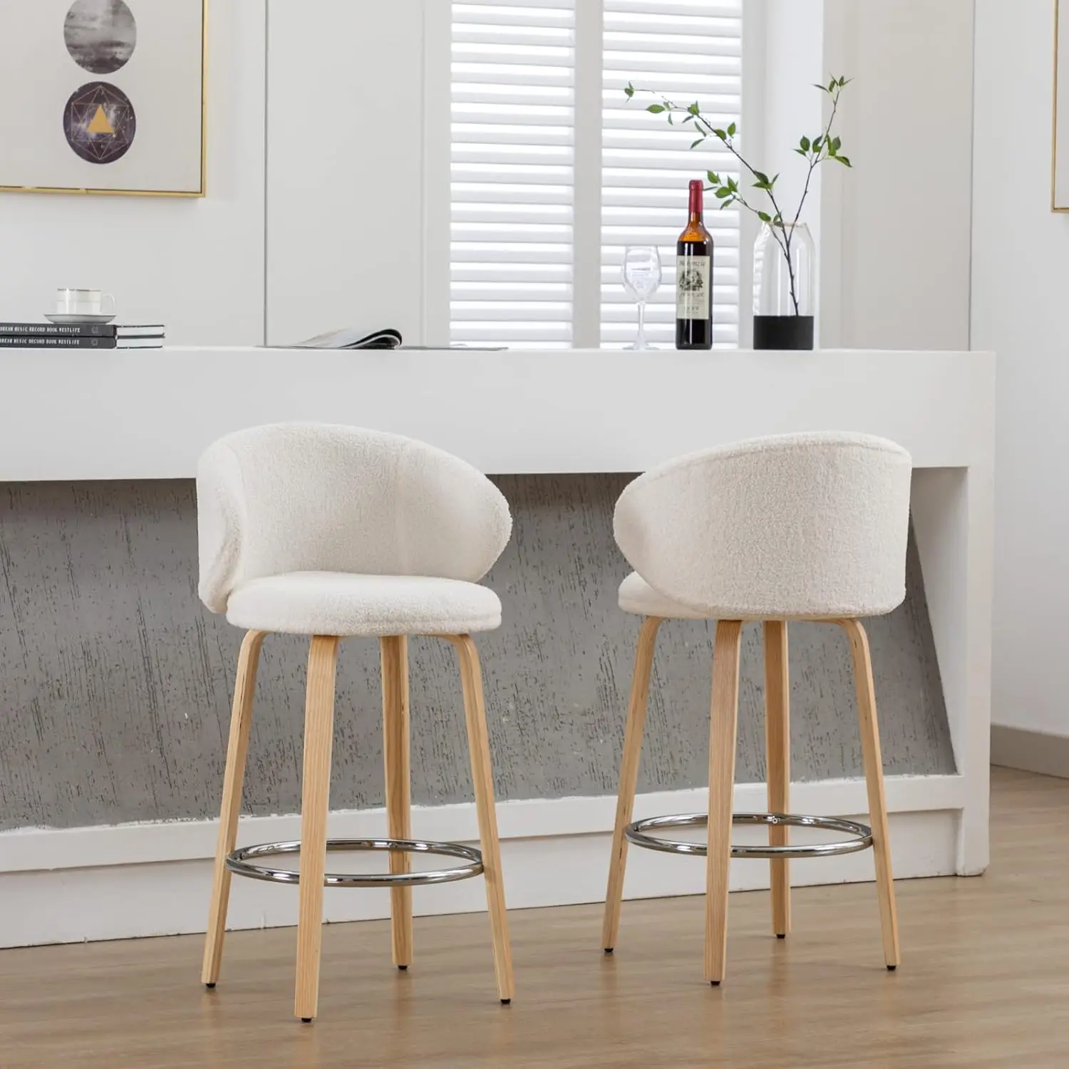 Modern Bar Stools Set of 3, 26 Inch Counter Height , Bar Chairs with Barrel Backrest for Kitchen Island Dining Room, White