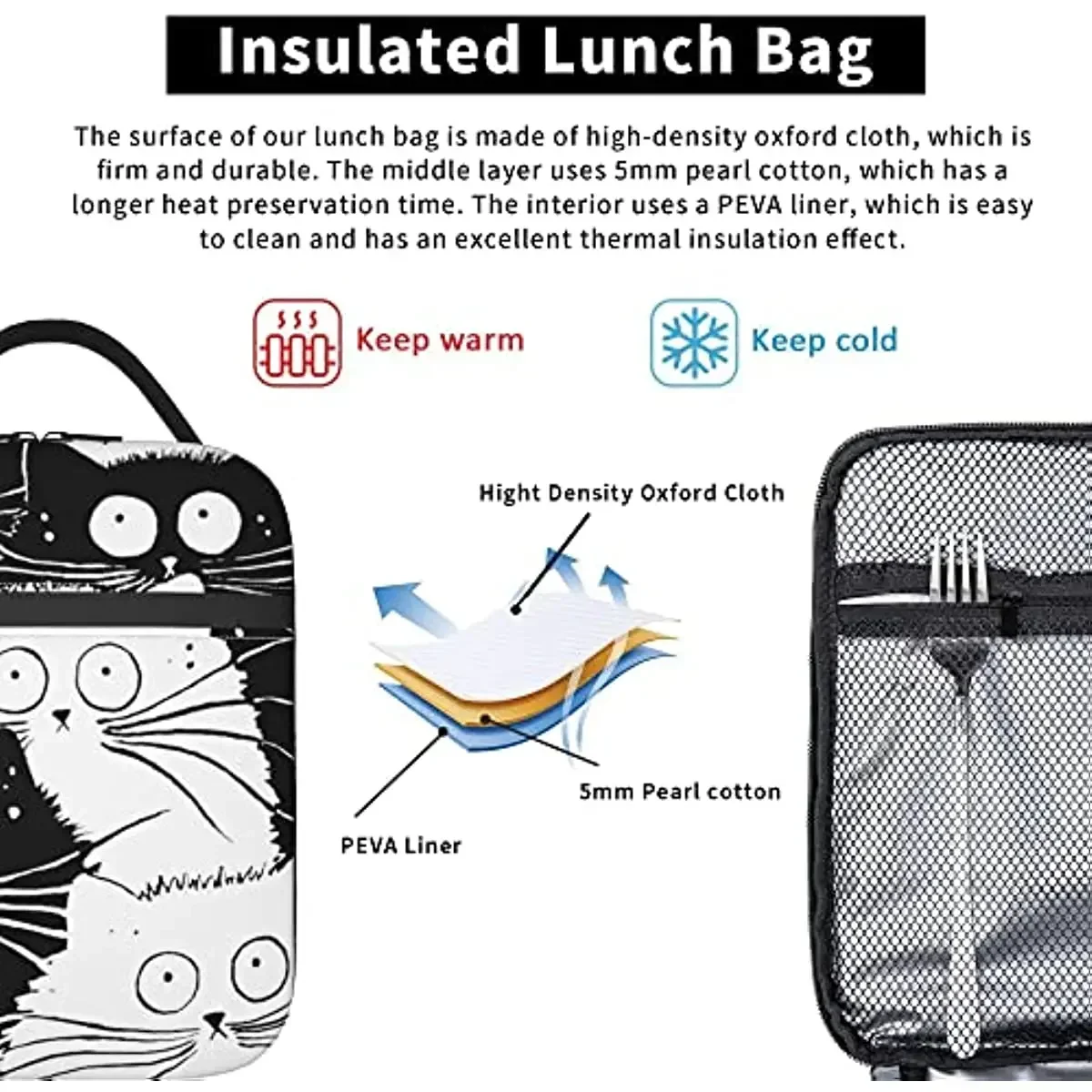 Manga Black and White Cat Lunch Box Leakproof Lunch Organizer Compact Water Resistant Handbag Reusable Food Container for Lunch