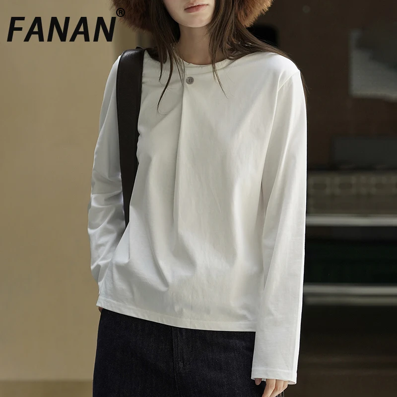 

FANAN асимметричная футболка с длинными рукавами для женщин, однотонные топы с круглым вырезом в корейском стиле, женская одежда в стиле минимализм, новинка осени 2023 г.