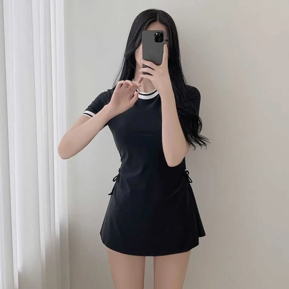 여성용 블랙 원피스 수영복, 패딩 수영복, 세트 모노키니, 비치웨어, 드로스트링 원피스 수영복, 한국 스타일